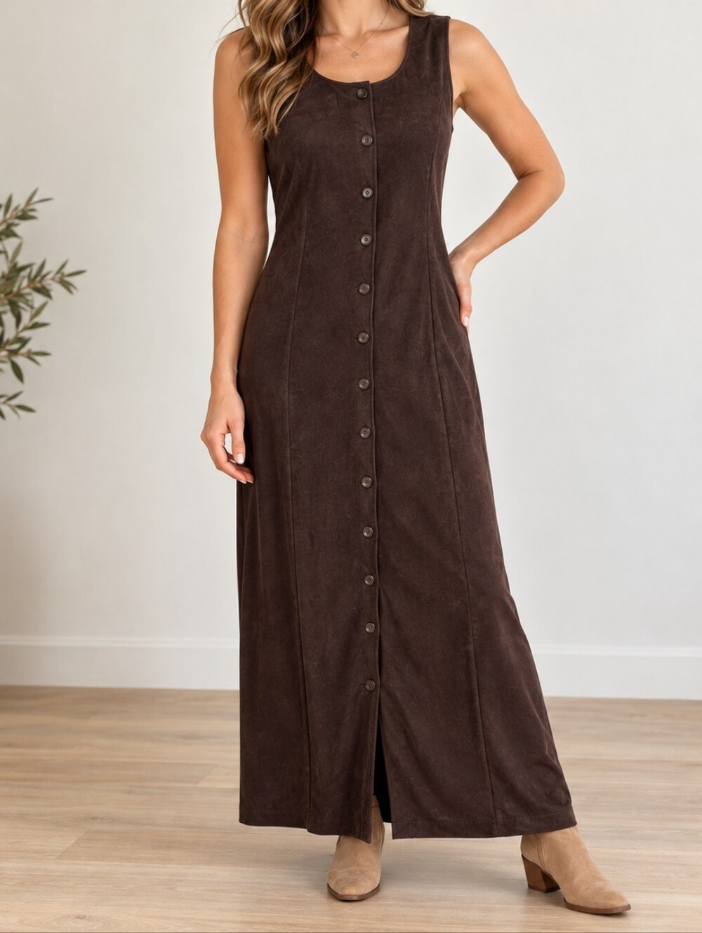 Vintage Faux Suede Maxi Dress Size M Dark Brown Academia Teacher Casual Corner